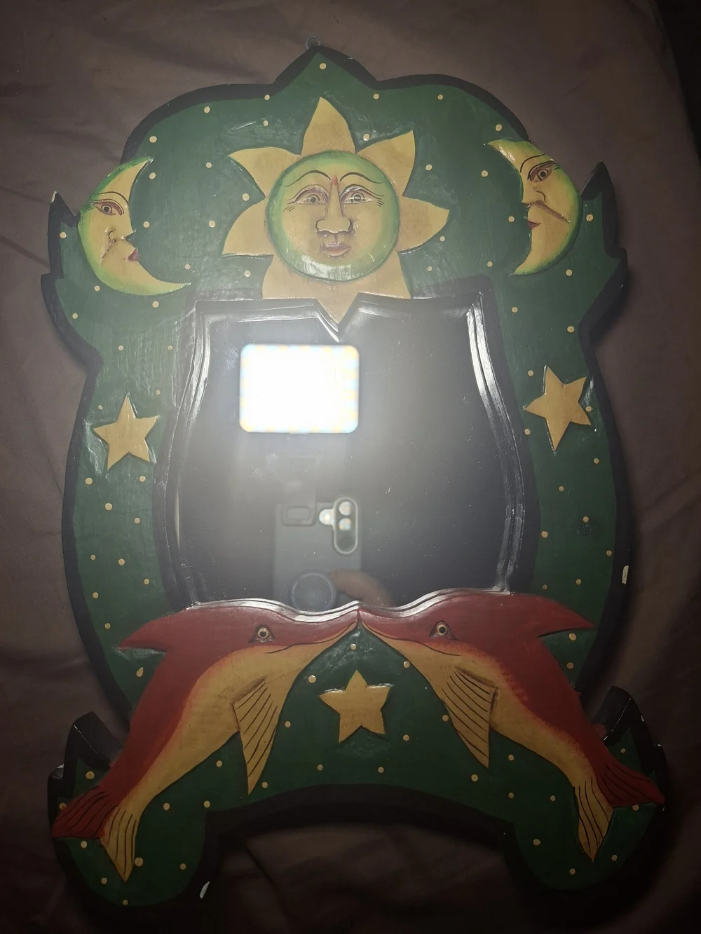 Hand-Painted Sun & Moon Wall Mirror in Green and Red